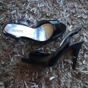 Guess black patent open toed stilettos
